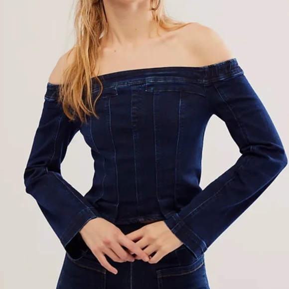 Free People Up And Go Denim Top - Picture 1 of 5
